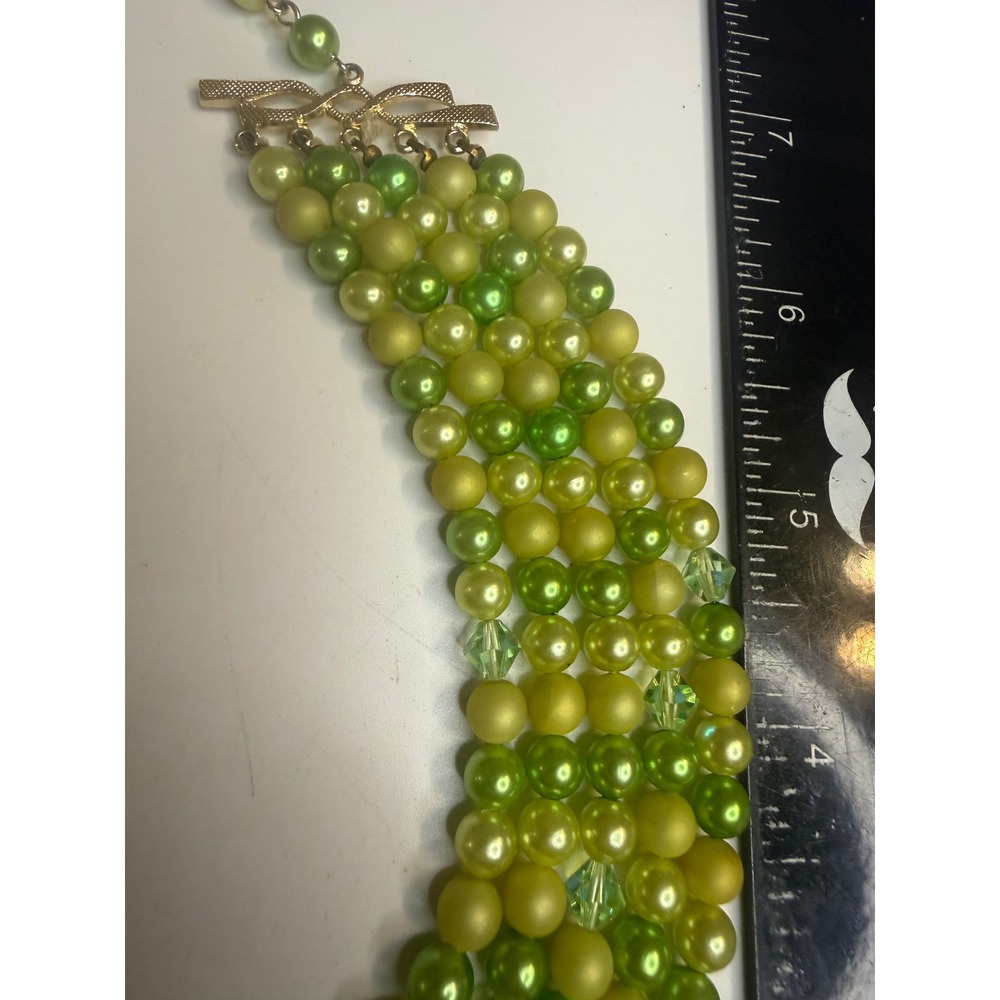 Vintage Japan 4 Strand Green Faux Pearl AB Crystal Bead Choker Necklace Gold